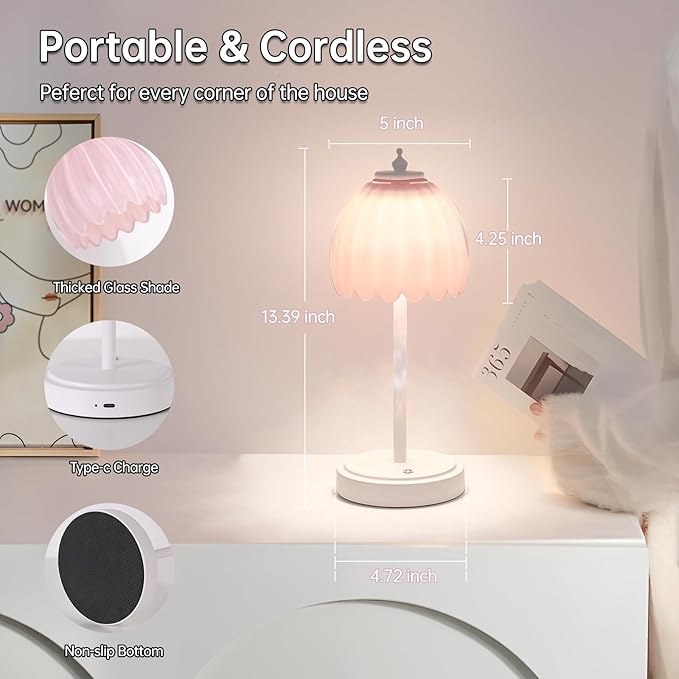 Tulip Table Lamp with 5200mAh Battery & Touch Control, Cordless Small Table Lamp with 3 Colors, Dimmable Rechargeable Table Lamps for Living Room, Bedroom, Desk, Bedside (Creamy Pink Tulip)