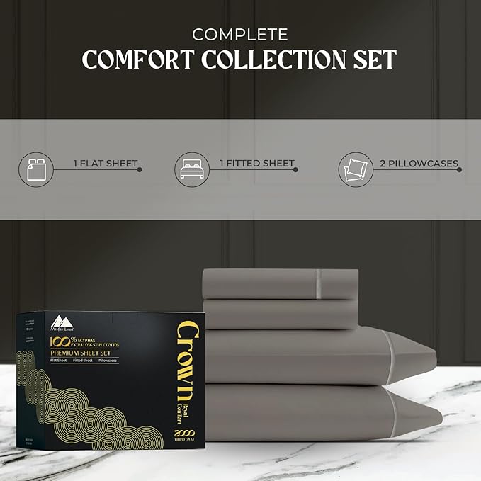 Mayfair Linen 100% Egyptian Cotton King Sheets Set - 2000 Series Luxury Sheet King Size Bed Set, Silky Soft & Cooling, Sateen Weave 17" Extra Deep Pocket Hotel Collection Sheet (4 Pc, Dark Grey)