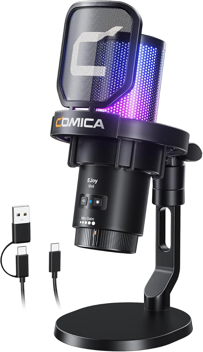 COMICA Ejoy Uni(D) USB Gaming Microphone with Noise Cancellation, RGB Lights, Monitoring, Muting, Streaming Mic for Computer, PS5, PS4, Streaming, Podcast, Chat, Twitch, YouTube, Discord