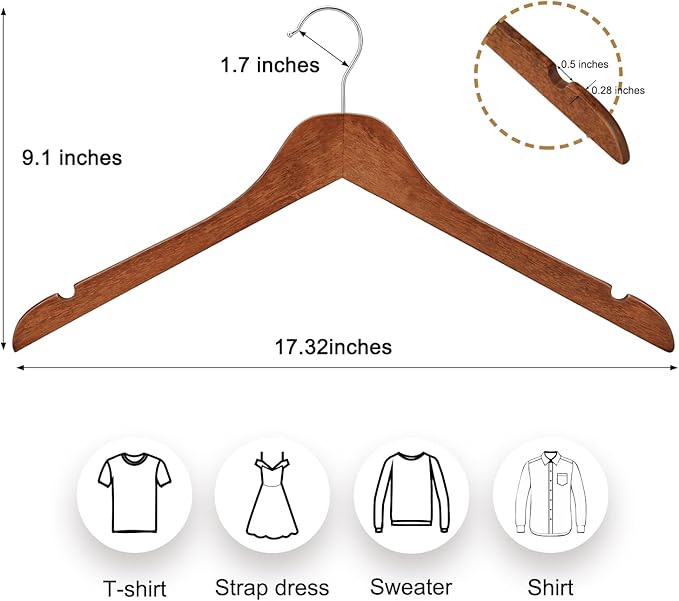 TOPIA HANGER Wooden Hangers 30 Pack, 0.28-inch Thick Slim Wood Clothes Hanger with Flat Design and Smooth Notches, Lightweight Space Saving Hangers for Shirt, Coat, Camisole (Walnut)-CT31WA