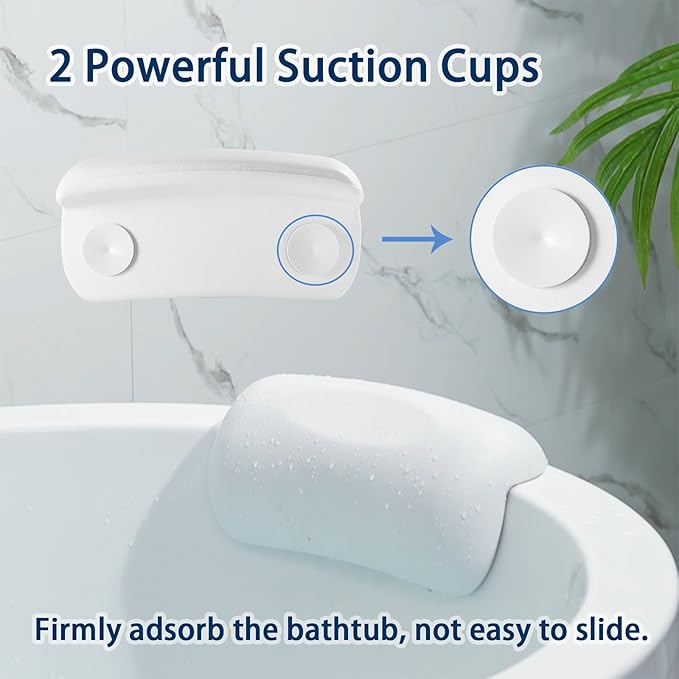 Bath Pillow Bathtub Pillow, Bath Pillows for Tub Head and Neck Support, Waterproof Bath Tub Pillows with Strong Non-Slip Suction Cups, Relaxing Bath Accessories for Soaking, Spa White