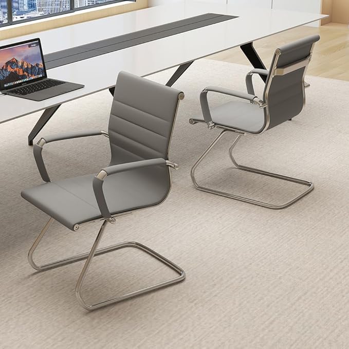 Wahson Office Guest Chairs Set of 2, Leather Reception Chairs, Mid Back Waiting Room Chair, Conference Chairs with Sled Base, Desk Chair No Wheels for Meeting/Lobby/Restroom, Grey