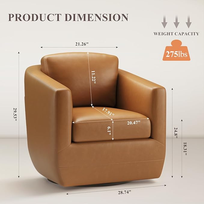 360° Swivel Accent Chair- Comfy Living Room Armchair No-Sag Foam & Sturdy Metal Base with Pillow, Fully Assembled Swivel Accent Single Sofa for Bedroom Living Room, Office, Brown