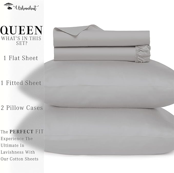 URBANHUT 800 Thread Count 100% Cotton Queen Size Sheets, Luxury 4 Piece Queen Bedsheets, Hotel Sheets Sateen Finish - Better Than Egyptian, 16" Elasticized Deep Pocket - Silver Grey