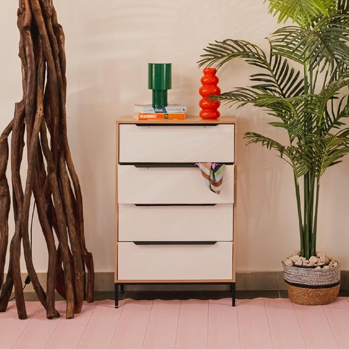 tinge Lira Premium Fabric Dresser - Solid Wooden Frame, 4 Spacious Sag-Proof Drawers with Sleek Metal Handles - Sleek & Durable Storage Solution for Your Home (Light Brown)