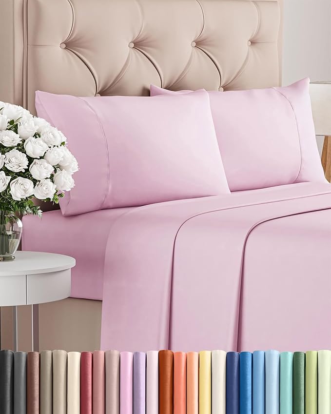 Twin XL 4 Piece Sheet Set - Cooling, Comfy & Breathable - Hotel Luxury Bedding, Includes Fitted Sheet for Women, Men, Kids & Teens - 1 Flat, 1 Fitted Sheet, 2 Pillowcases w/Deep Pockets - Light Pink