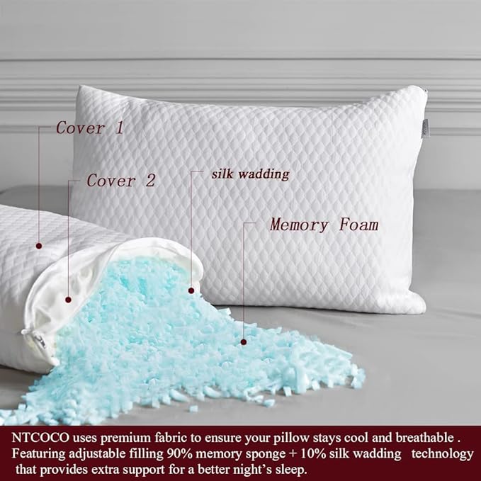 NTCOCO 2 Pillows, Shredded Memory Foam Bed Pillows for Sleeping, with Washable Removable Cooling Hypoallergenic Sleep Pillow for Back and Side Sleeper King (2-Pack)