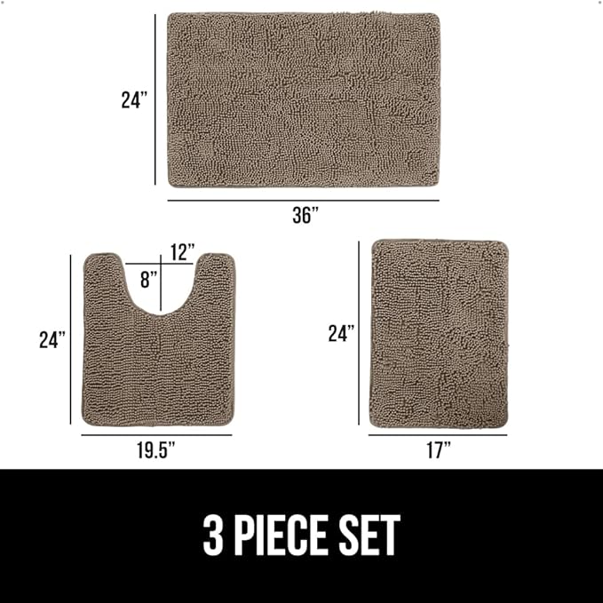 GORILLA GRIP Bathroom Rug Sets 3 Piece, Bath Mat Set and Oval Toilet Base with Rubber Backing, Plush Absorbent Shaggy Chenille Washable Mats, Includes 24x19.5, 24x17 and 36x24 Inch Rugs, Gray Beige