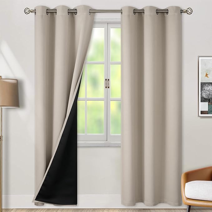 BGment Thermal Insulated 100% Blackout Curtains for Bedroom with Black Liner, Double Layer Full Room Darkening Noise Reducing Grommet Curtain (42 x 84 Inch, Cashmere, 2 Panels)