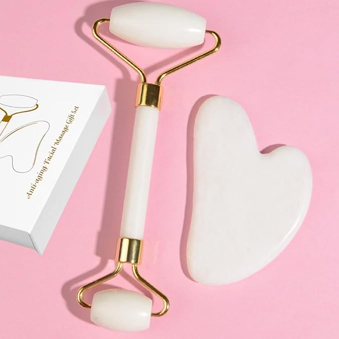 Natural Jade Roller & Gua Sha Set, Self Care Colorful Gift for Face Eye Neck Massager for Women Men, Jade Gua Sha Tool for Face for Skin Care, Improves Skin Tone-Beauty & Skincare (Yellow)