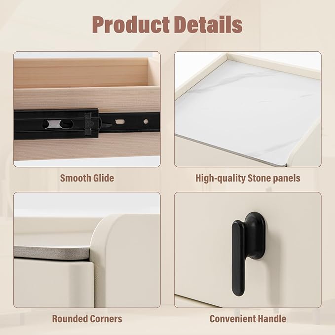 Lamberia Narrow Nightstand with 3 Drawers, Narrow Side Table, Small Bedside Table for Bedroom, Living Room, End Table for Small Space, Cream White，15.8''W x 15.8" D x 23.5" H