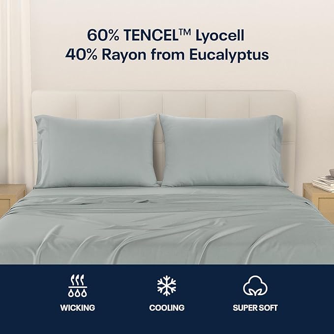 Reebok Queen Sheet Set from Tencel Eucalyptus - Soft, Cooling & Breathable for Hot Sleepers, Deep Pocket Up to 17 Inches, 4Pc Hotel Luxury Bedding Set, Bedsheet & Pillowcases (Lunar Rock, Queen)