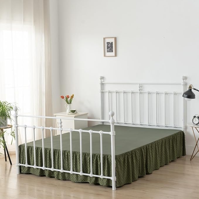 Tufted Dot Bed Skirt Queen Size Ruffled Bed Skirt with Split Corners, 14 Inch Drop Dust Ruffle Bed Skirts with Platform, Olive Green