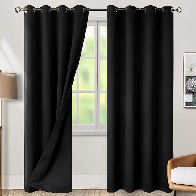 BGment Thermal Insulated 100% Blackout Curtains for Bedroom with Black Liner, Double Layer Full Room Darkening Noise Reducing Grommet Curtain (52 x 84 Inch, Black, 2 Panels)