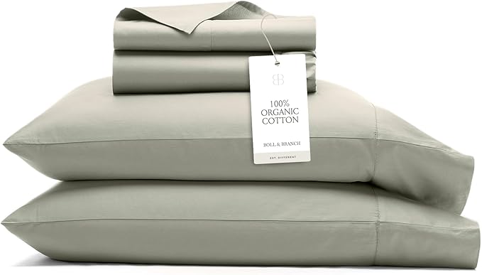 BOLL & BRANCH Signature Hemmed Sheet Set - California King, Sageleaf - Luxury 100% Organic Cotton - Includes 1 Flat, 1 Fitted, 2 Pillowcases - Buttery Soft