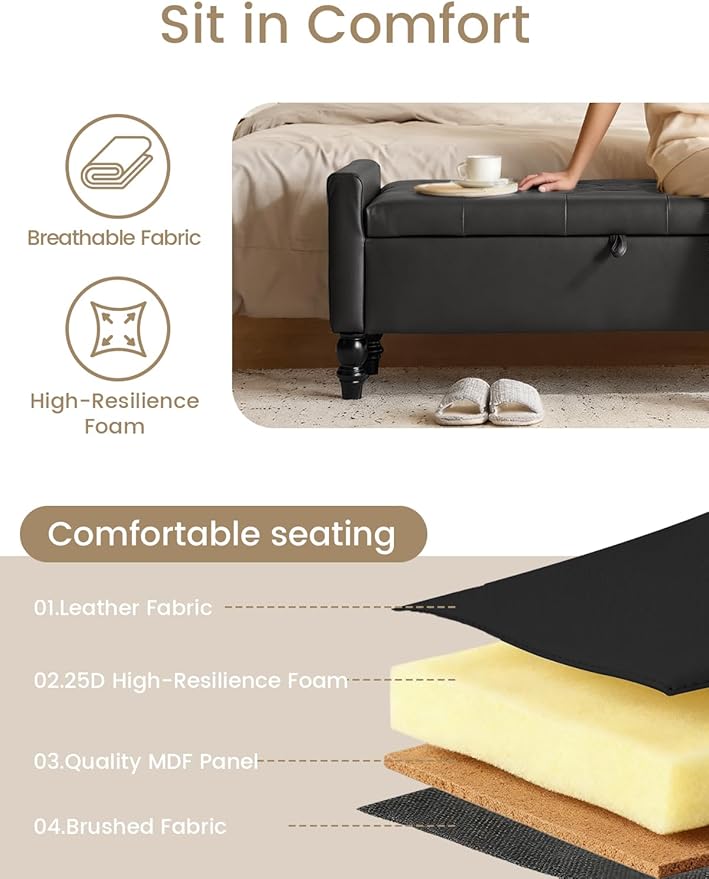 47" Storage Ottoman Bench, End of Bed Bench for Bedroom, Leather Upholstered Ottoman with Storage for Living Room, Entryway, Window (Black)