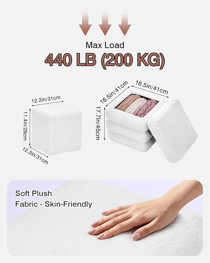 Square Set of 2 Sherpa Nesting Storage Ottoman Stool Boucle Vanity Stool Footstool with Removeable lid Load up to 440 lbs for Livingroom Bedroom White UASND69W