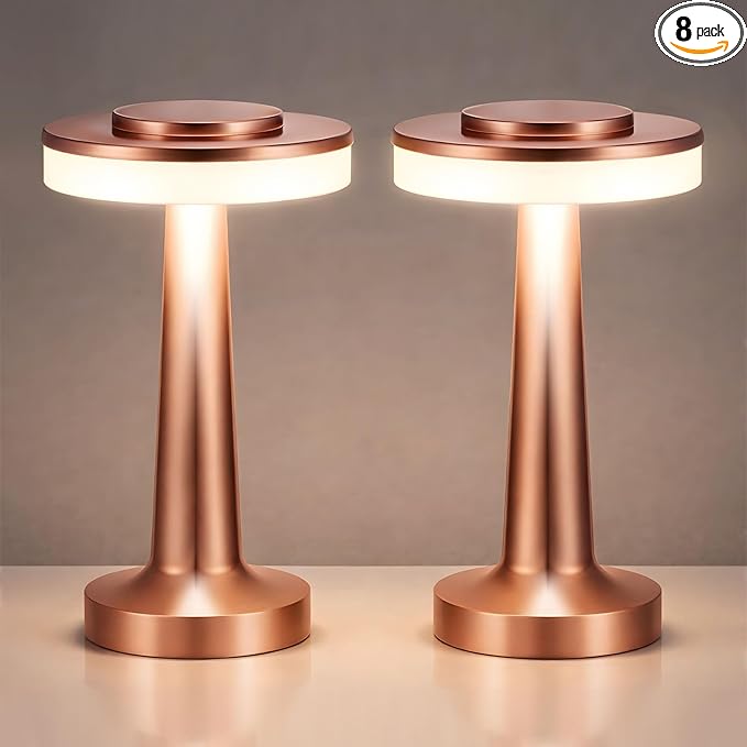 VIHOSE Cordless Table Lamps LED Portable Rechargeable Table Lamp with Touch Sensor 3 Color Dimming up to 15 Hours Battery Desk Light for Restaurant Nursery Living Room(Rose Gold,8 Pcs)