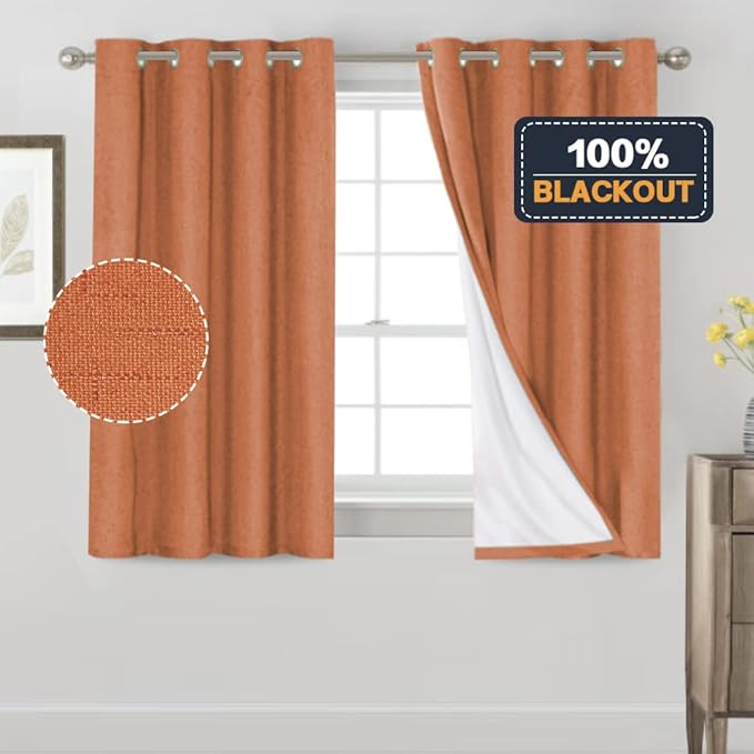 PrinceDeco 100% Blackout Linen Textured Curtains for Bedroom Room Darkening Burlap Grommet Textured Curtains Noise Reducing Window Treatment Drapes for Dining Room,52" Wide Per Panel, Set of 2,Orange