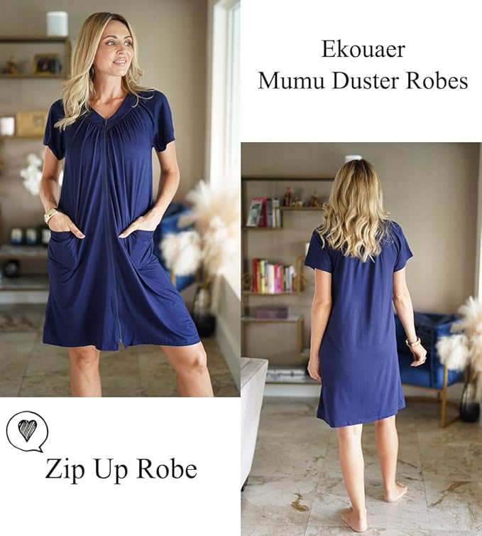 Ekouaer Women Robe Zipper Front Mumu Duster Robes Zip Up Housecoat Soft Sleepwear with Pockets S-3XL
