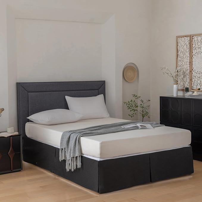 King Bed Skirt, Wrap Around Bed Skirt with Pleated Corner, 14 Inch Drop Pleated Waffle Weave Bedskirts, Anti-Slip, Microfiber, Black, 14'' King