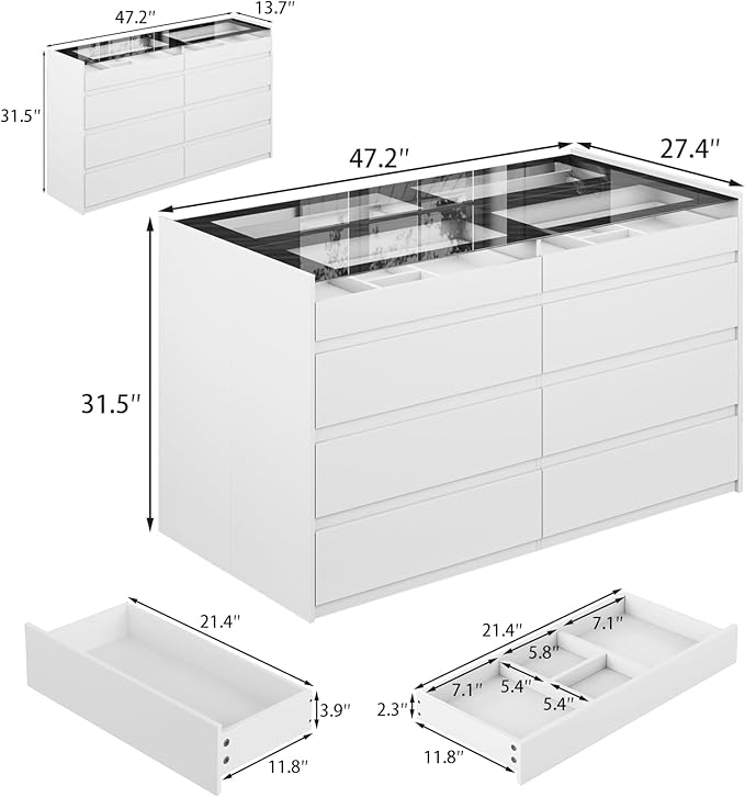 White Dresser for Bedroom Set of 2, 8 Drawer Dresser with Glass Top and LED Light, Modern Chest of Drawers, Jewelry Dressers Display, Dressers Organizer for Bedroom, Closet, Living Room
