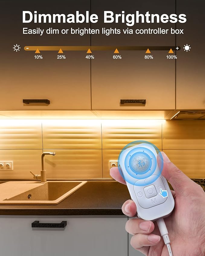 Motion Sensor Led Light Strip - Under Cabinet Lighting with Power Adapter, 6 Adjustable Brightness and Timing, Light Strips for Kitchen Cabinets, Stair, Showcase, Bedroom, 16.4ft 3000K WarmWhite