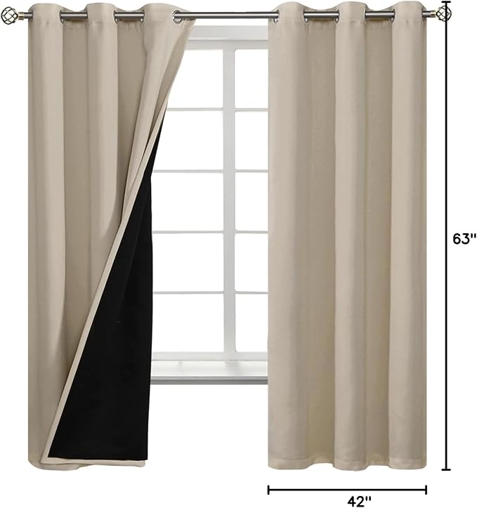 BGment Thermal Insulated 100% Blackout Curtains for Bedroom with Black Liner, Double Layer Full Room Darkening Noise Reducing Grommet Curtain (42 x 63 Inch, Cashmere, 2 Panels)