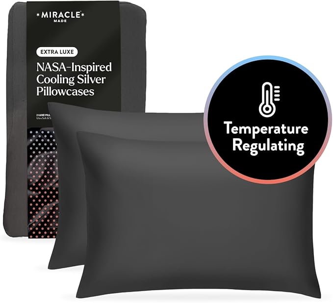 Miracle Made Extra Luxe Soft Cooling Pillowcase, 2-Piece Silver-Infused Cotton Fabric – Lightweight, Thermoregulating, Breathable Cover for Sensitive Skin, Standard Size, Charcoal