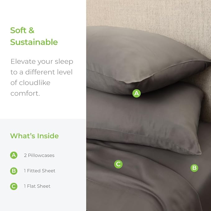 Cariloha Aloha Soft 4-Piece Sheet Set | Shade Gray | Split King | Made from 100% Viscose derived from Bamboo | Introductory Sheet Line