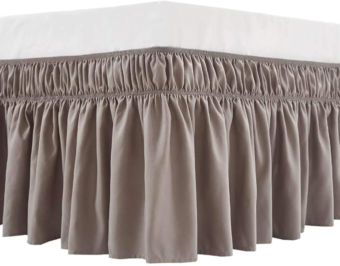 MEILA Wrap Around Bed Skirt Three Fabric Sides Elastic Dust Ruffled 24 Inch Tailored Drop,Easy to Install Fade Resistant-Taupe, Twin/Full