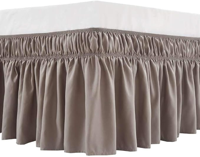 MEILA Wrap Around Bed Skirt Three Fabric Sides Elastic Dust Ruffled 14 Inch Tailored Drop,Easy to Install Fade Resistant-Taupe, Twin/Full