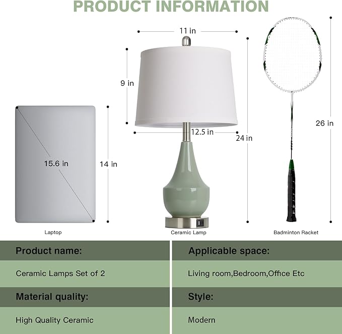 Modern Green Table Lamp Set of 2, 24" Ceramic Table Lamp with USB A+C Ports,Classic Beside Lamps Nightstand Lamp Modern Lamp for Living Room, Bedroom & Office -LED Bulbs Included