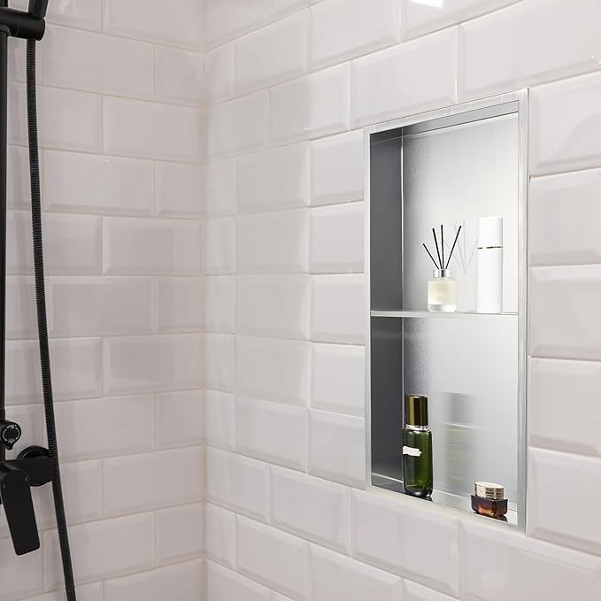 VEVOR Shower Niche, 13 x 25 x 4 inch Recessed Wall Niche Double-layer, with Hollowed-out Divider,Heavy-duty Stainless Steel Modern Shampoo Storage Organizer,Waterproof, Silver for Bathroom