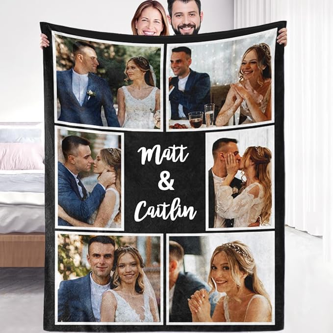 Custom Sherpa Fleece Blanket With Photos and Text - Soft Warm Fuzzy Personalized Couples Gift for Boyfriend Girlfriend - Customized Picture Blanket for Birthday Christmas - Ships Next Day