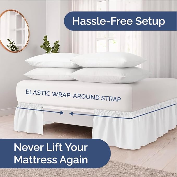 Wrap Around Dust Ruffle Bed Skirt - White - Twin/Twin XL Size Beds with 15 Inch Drop - Easy Fit Elastic Strap - Adjustable Pleated Bedskirt w/Brushed Fabric - Wrinkle Free - Women, Men, Kids & Teens
