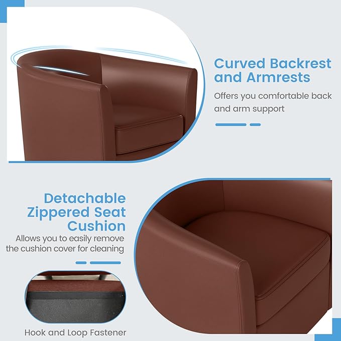 Giantex Swivel Small Accent Chair with Ottoman, Modern Faux Leather Barrel Club Chair w/Footrest, Removable Seat Cushion, Swivel Single Sofa Arm Chair for Living Room, Bedroom, Office (Brown)