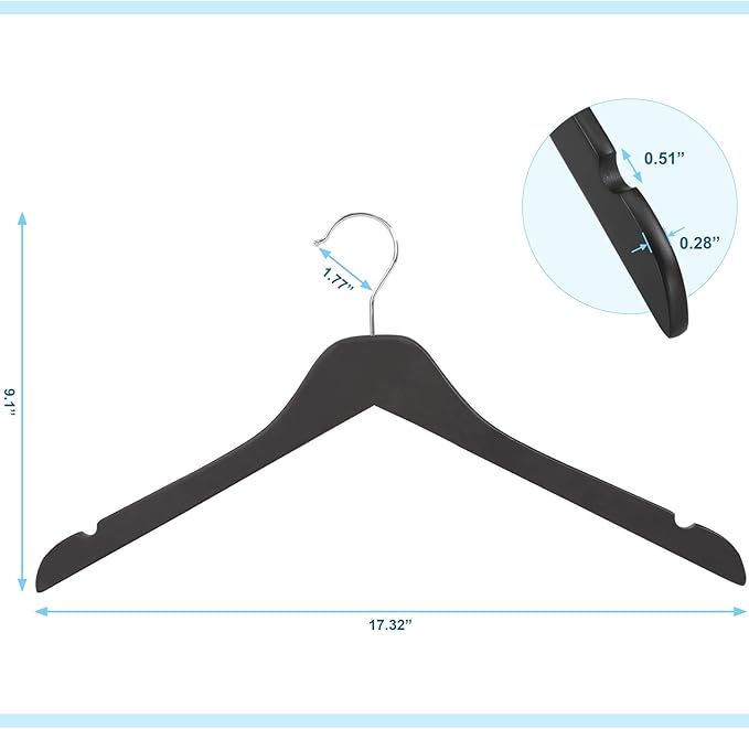 TOPIA HANGER Black Wooden Hangers, 0.28-inch Slim Wood Clothes Hanger with Flat Design and Smooth Notches, Lightweight Space Saving Hangers for Shirt, Coat, Camisole, 10 Pack-Matte Black, CT29B