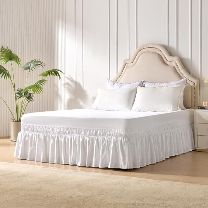 MIYE Striped Tufted Bed Skirt - Wrap Around Dust Ruffle with Elastic Belts - 15 Inch Drop Easy to Put On - Bedskirt Machine Washable ＆ Wrinkle Resistant(Striped/White, King/Queen-15 Drop)