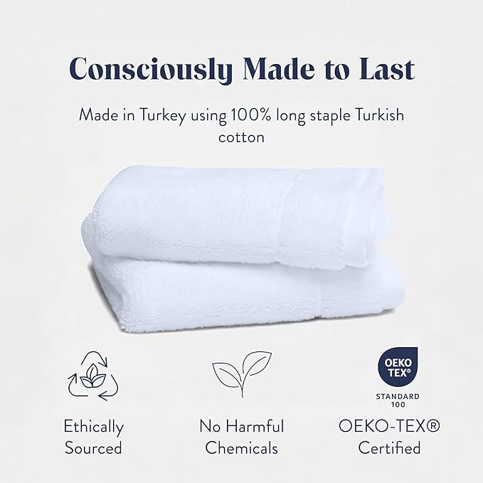 Brooklinen Super-Plush Turkish Cotton Washcloths Set of 2 Cotton, 820 GSM, Highly Absorbent, Machine Washable, Perfect for Home & Bathroom (13" x 13", Solid White)