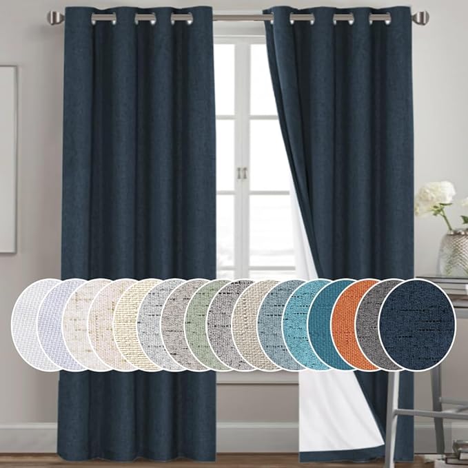 PrinceDeco Primitive Textured Linen 100% Blackout Curtains for Bedroom/Living Room Energy Saving Window Treatment Curtain Drapes, Burlap Fabric with White Thermal Insulated Liner Navy 52x84 Inch