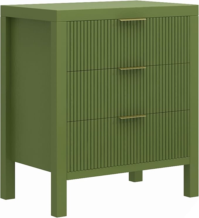 End Table with Storage, Wooden Farmhouse Nightstands with 3 Drawers, Bedside Table - Boho Tall Side Table Accent for Bedroom, Living Room, Green
