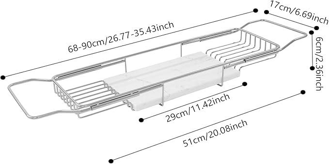 Bathtub Tray Caddy for Luxury Bath, Stainless Steel 26.8-35.4 in Expandable Extra Wide Bath Tub Tray with Natural Marble and Mobile/Tablet Stand, Ideal for Home Spa Lovers (Silver + White)