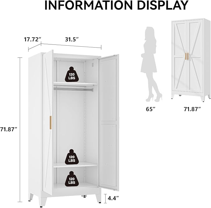 COFaR Metal Wardrobe Cabinet, 71" Farmhouse Storage Cabinet with Hanging Rod, 2 Barn Door, 2 Adjustable Shelves and Legs, for Bedroom, Laundry Room, Cloak Room, Gym, Office, School (White)