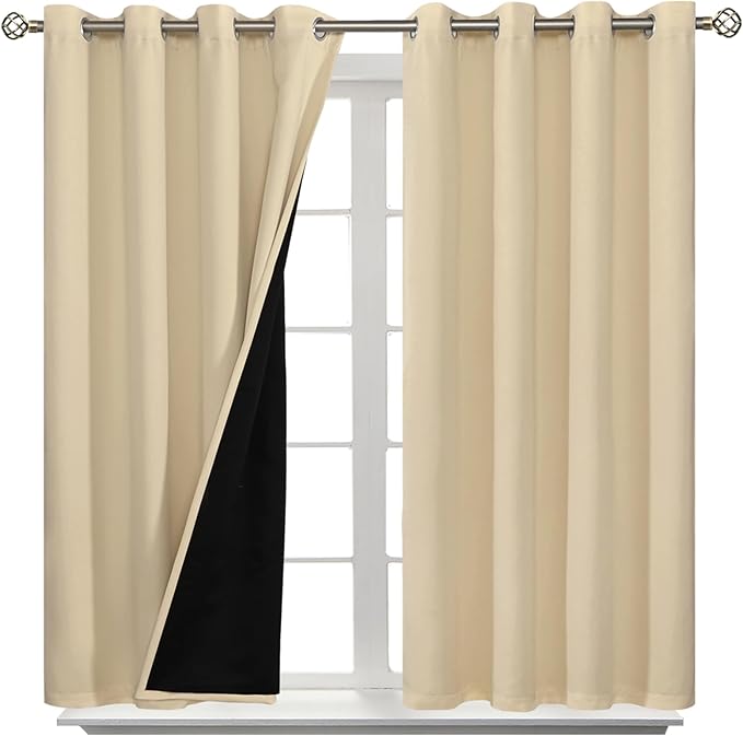 BGment Short 100% Blackout Curtains for Bedroom, Thermal Insulated Energy Efficiency Noise Reducing Grommet Curtains 45 Inch Length with Liner for Small Window 2 Panels Each 52 Inch Wide, Natural