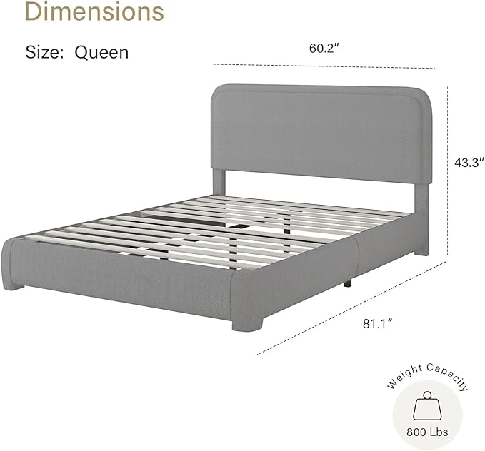 BarnFurin Queen Size Boucle Bed Frame with Headboard, Upholstered Platform Bed with Wood Slats, Soft Rounded Corners, No Box Spring Required, Easy Assembly, Light Grey