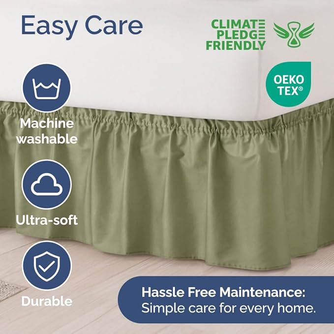 Wrap Around Dust Ruffle Bed Skirt - Sage Green - for Queen Size Beds with 15 Inch Drop - Elastic Strap - Adjustable Pleated Bedskirt with Brushed Fabric and Wrinkle Free - For Women, Men, Kids & Teens