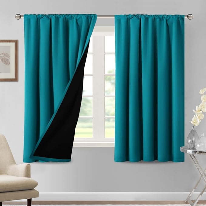 H.VERSAILTEX 100% Blackout Curtains for Bedroom Thermal Insulated Blackout Curtains for Living Room 63 Inches Long Rod Pocket Curtains with Black Liner 2 Panels Set, Turquoise Blue