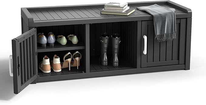 ROJIK Shoe Cabinet Waterproof UV-Resistant,Storage Bench Indoor Outdoor with Adjustable Shelves,for Entryway Bedroom,Hallway,Living Room(2 Door,Black)