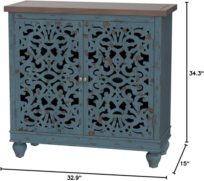 PHI VILLA Blue Accent Cabinets, Small Buffet Sideboad Cabinet, Hollow Carved 2 Door Credenza, Farmhouse Storage Cabinet for Living Room
